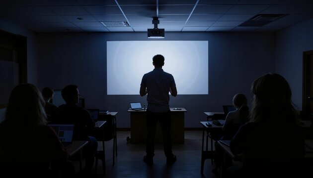 Teacher presenting with projector in dimly lit lecture hall  