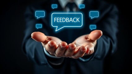 Businessman holding glowing feedback speech bubbles hands