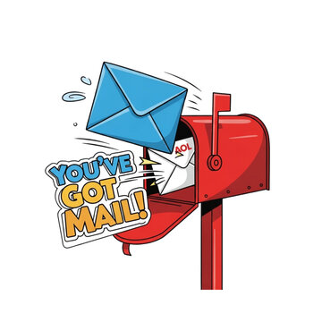 Cartoon illustration of a red mailbox overflowing with letters, and a "You've Got Mail!" speech bubble.
