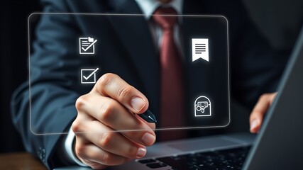 Businessman interacting with digital checklist and document icons suit hand
