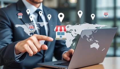 Franchise business store shop concept. Investment expansion with location world map and open new branch shop. Businessman touching franchise icon.