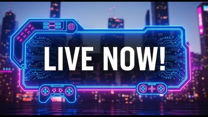 Dynamic Neon 'Live Now' Graphic with Futuristic Cityscape for Gaming Streams and Online Broadcasts - Powered by Adobe