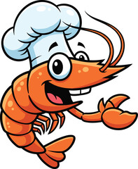 Funny cartoon shrimp chef character smiling and waving, wearing white chef hat, seafood mascot illustration, seafood logo vector design