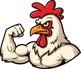 Strong muscular chicken flexing arm cartoon mascot, powerful rooster illustration, fitness poultry, farm animal vector, funny bold comic design