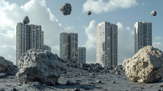 hyperreal city built on drifting asteroids