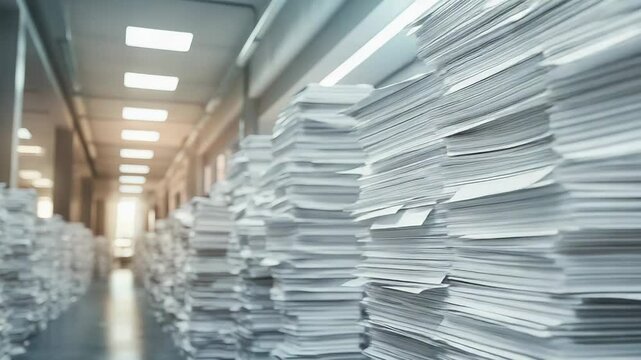 Stacks of paper filling a corridor representing bureaucracy and overwork