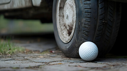 Golf ball near tire outdoor