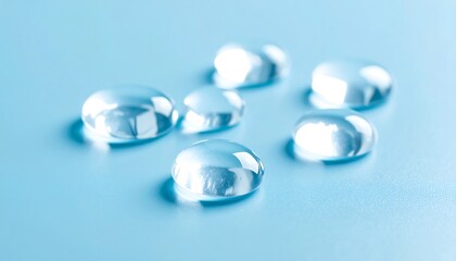 Clear, round droplets on a light blue surface