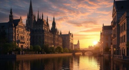 Obraz premium Majestic cityscape bathed in the golden glow of a breathtaking sunset over a tranquil canal