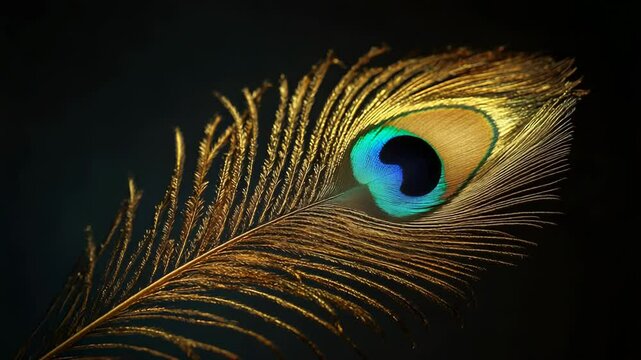 Golden peacock feather shining on dark background