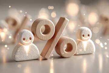 Wooden percentage symbol with smiling figures, financial concept