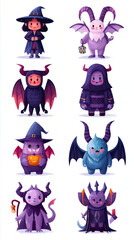 A set of cute creatures in purple, suitable for Halloween and children's decorations