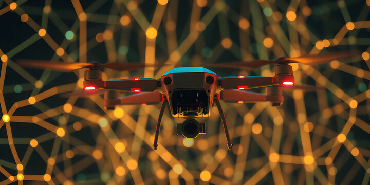 A sophisticated drone flies through a vibrant digital network, highlighted by glowing lines and data points in a low-light setting
