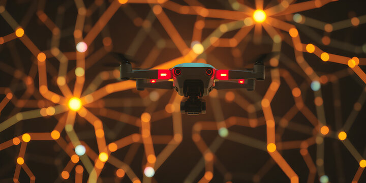 A sophisticated drone flies through a vibrant digital network, highlighted by glowing lines and data points in a low-light setting