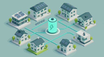 Fototapeta premium Isometric Illustration of Residential Homes Connected to a Centralized Energy Storage Battery with Solar Panels
