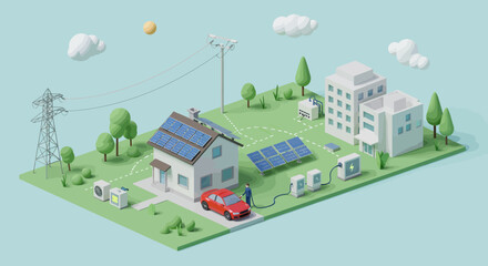 Isometric Illustration of Sustainable Energy System with Solar Panels, EV Charging Station, and Residential Buildings