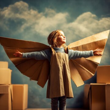 imaginative child girl pretending to fly with cardboard wings spread hands dreamlike background