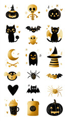 Cute black and gold Halloween icons, skeleton, ghost, bat, cat, spider, heart, isolated pictures on a white background
