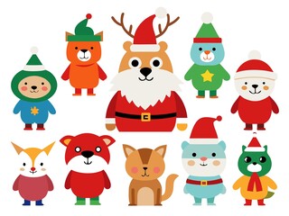 Fototapeta premium Photo of cartoon animals wearing christmas hats isolated on white