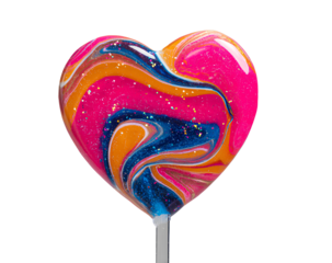 Heart-Shaped Artistic Candy Lollipop with Neon Swirl and Colorful Sparkles, Transparent Background