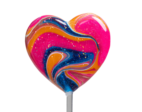 Heart-Shaped Artistic Candy Lollipop with Neon Swirl and Colorful Sparkles, Transparent Background