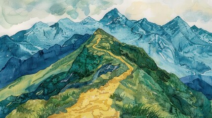 handdrawn mountain hiking trail map ink and watercolor .