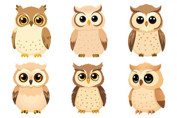 Six Cute Brown Cartoon Owls Set Flat Design Vector Illustration Adorable Woodland Animal Graphic Collection
