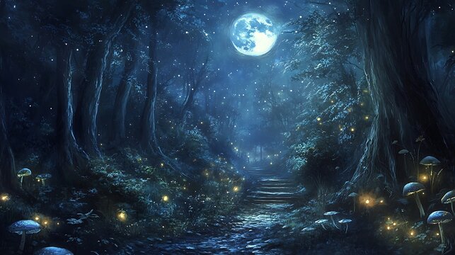 Magical moonlight forest path