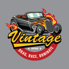 Fototapeta premium Classic black hot drag car convertible with flame decals and bold typography illustration