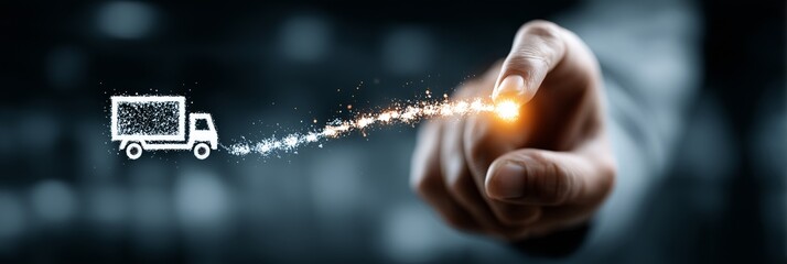Digital delivery concept with truck and hand touching light