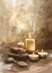 handdrawn spa scene with candles and stones muted browns on flame .