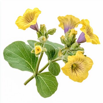 hyoscyamus niger henbane plant yellowish flowers with purple veins and lobed leaves isolated on white transparent background