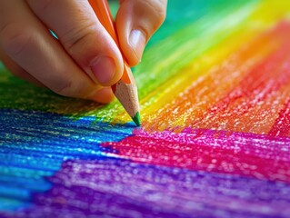 handdrawn sticky notes on corkboard rainbow colors on center note .