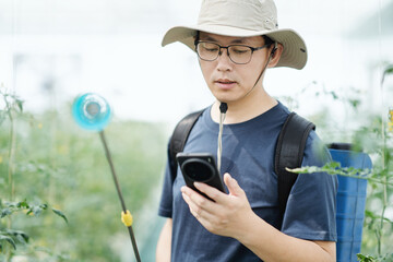 asian male farmer working in greenhouse