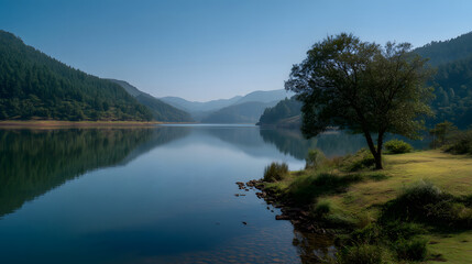 Tranquil mountain lake surrounded by dense forests and layered peaks, with a solitary tree reflecting on its still surface
