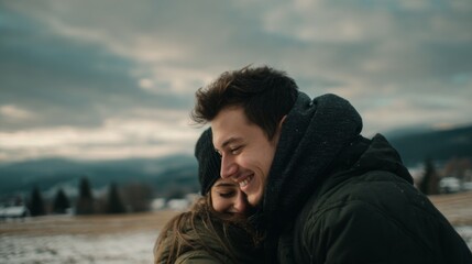 Young couple embracing and smiling in winter landscape outdoors, banner with copy space 