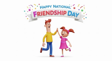 Fototapeta premium Happy National Friendship Day - 3D Kids Celebrating Friendship with High-Five and Confetti