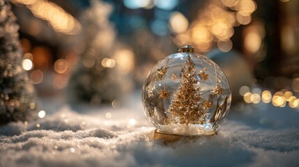 Beautiful transparent glass snow globe with golden Christmas tree and lights in winter scenery, banner with copy space