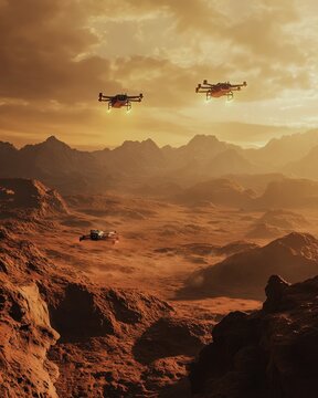 Interplanetary delivery drones launching from Mars outpost, red desert backdrop