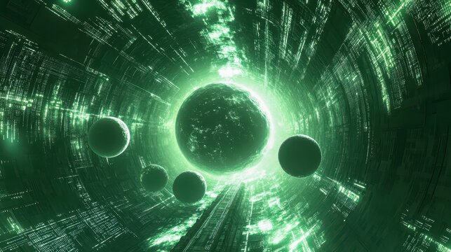 interdimensional gateway made of glowing codes with planets orbiting in digital space