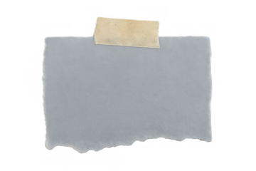 Ragged gray paper sheet firmly taped, hanging against translucent surface with minimal, clean visual aesthetic