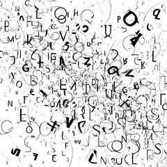 Obraz premium A chaotic arrangement of letters and abstract lines scattered across a white background creating a complex pattern