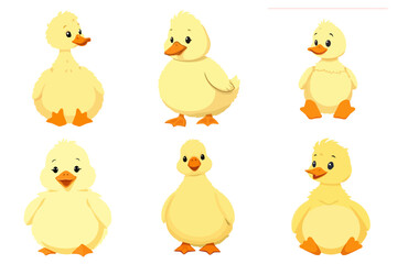 Cute Cartoon Yellow Ducklings Vector Illustration Set Adorable Baby Ducks Isolated in Various Poses