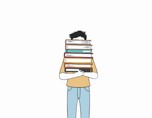 A student holding stack of books, flat design student illustration 