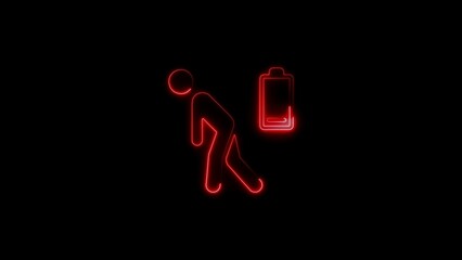 Low energy person depicted with battery symbol in red neon style on black backdrop
