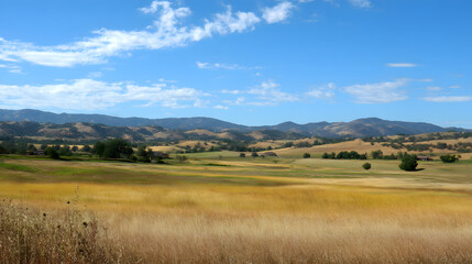 Obraz premium Golden Fields and Rolling Hills under a Bright Blue Sky, Capturing the Tranquil Beauty of a Summer Landscape
