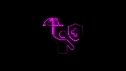 Neon illustration depicting health insurance protection for a person with an umbrella and shield