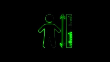 Green neon figure with a measuring scale depicting height increase and decrease on black background