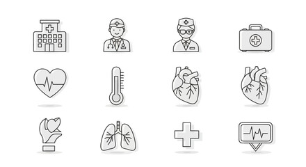 Collection of simple line art medical icons, including hospital, doctor, first aid kit, heart, thermometer, lungs, and electrocardiogram.
