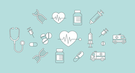 Simple line art icons representing various medical and healthcare elements.